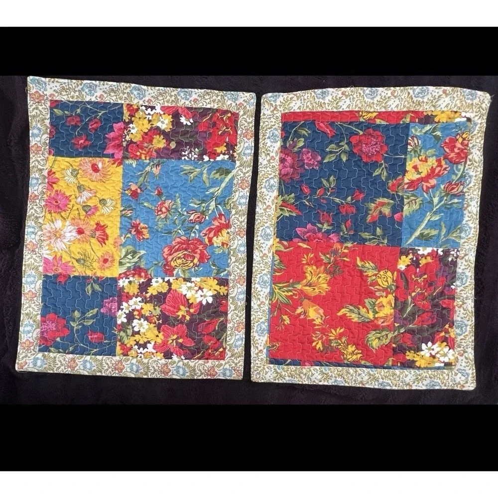 Vintage Quilted Floral Patchwork Pillow Cover Set Pair Cottage Cottagecore